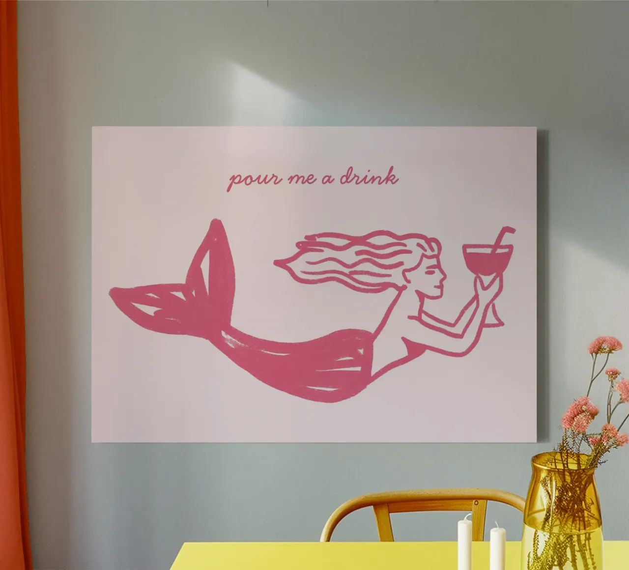 Schenk mij een drankje in, zeemeermin kunstdruk, strand poster canvas met Baklijst van vintagepod