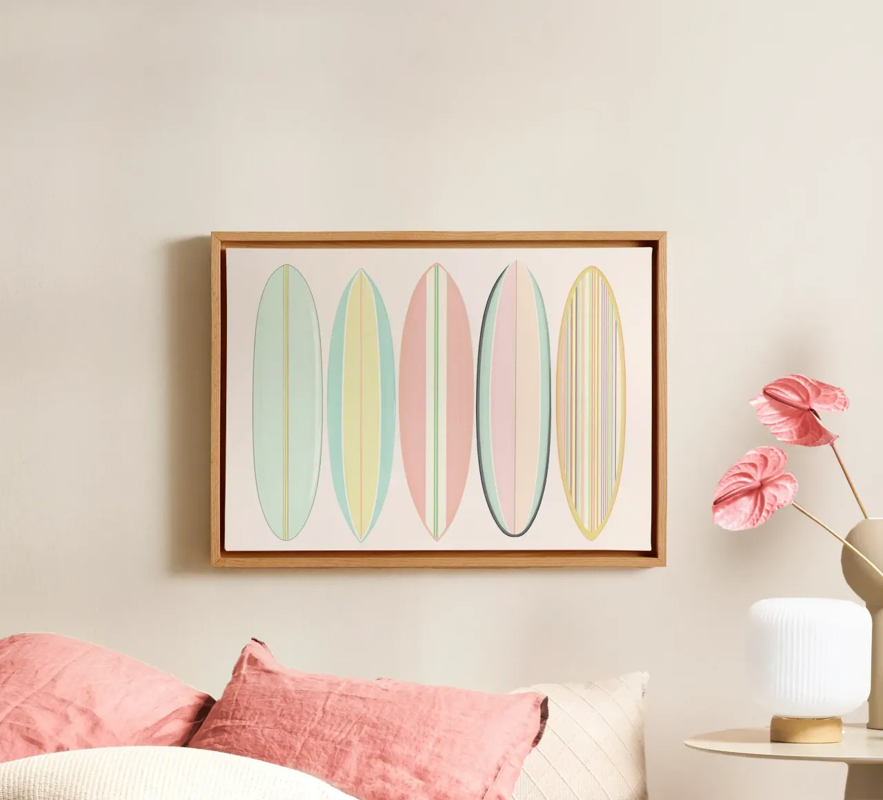 Pastel Surfplank Kunst, Kust Woondecor Print canvas met Baklijst van vintagepod
