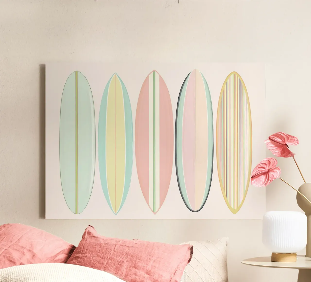 Pastel Surfplank Kunst, Kust Woondecor Print canvas met Baklijst van vintagepod