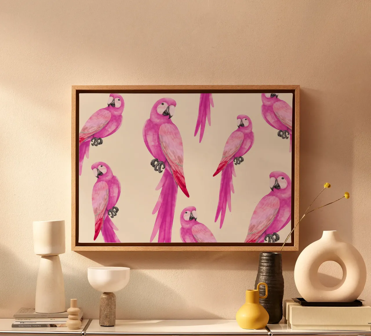 Roze Papegaaien, Tropisch Vogelpatroon, Behang canvas met Baklijst van vintagepod