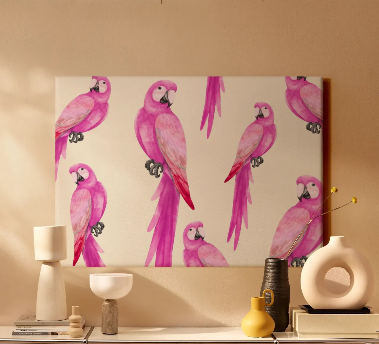 Roze Papegaaien, Tropisch Vogelpatroon, Behang canvas met Baklijst van vintagepod