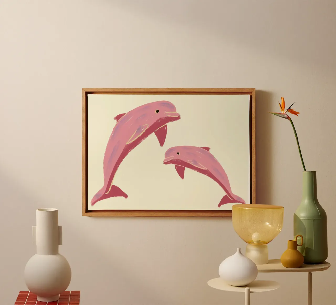 Zwei rosa Delphine, Ozean Tier Kunstdruck Leinwand mit Schattenfugenrahmen von vintagepod