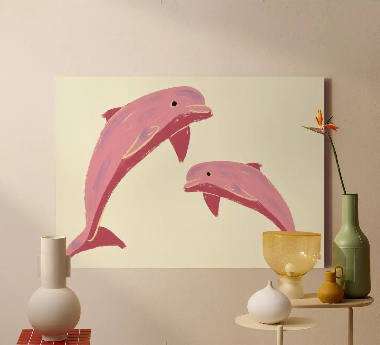 Zwei rosa Delphine, Ozean Tier Kunstdruck Leinwand mit Schattenfugenrahmen von vintagepod