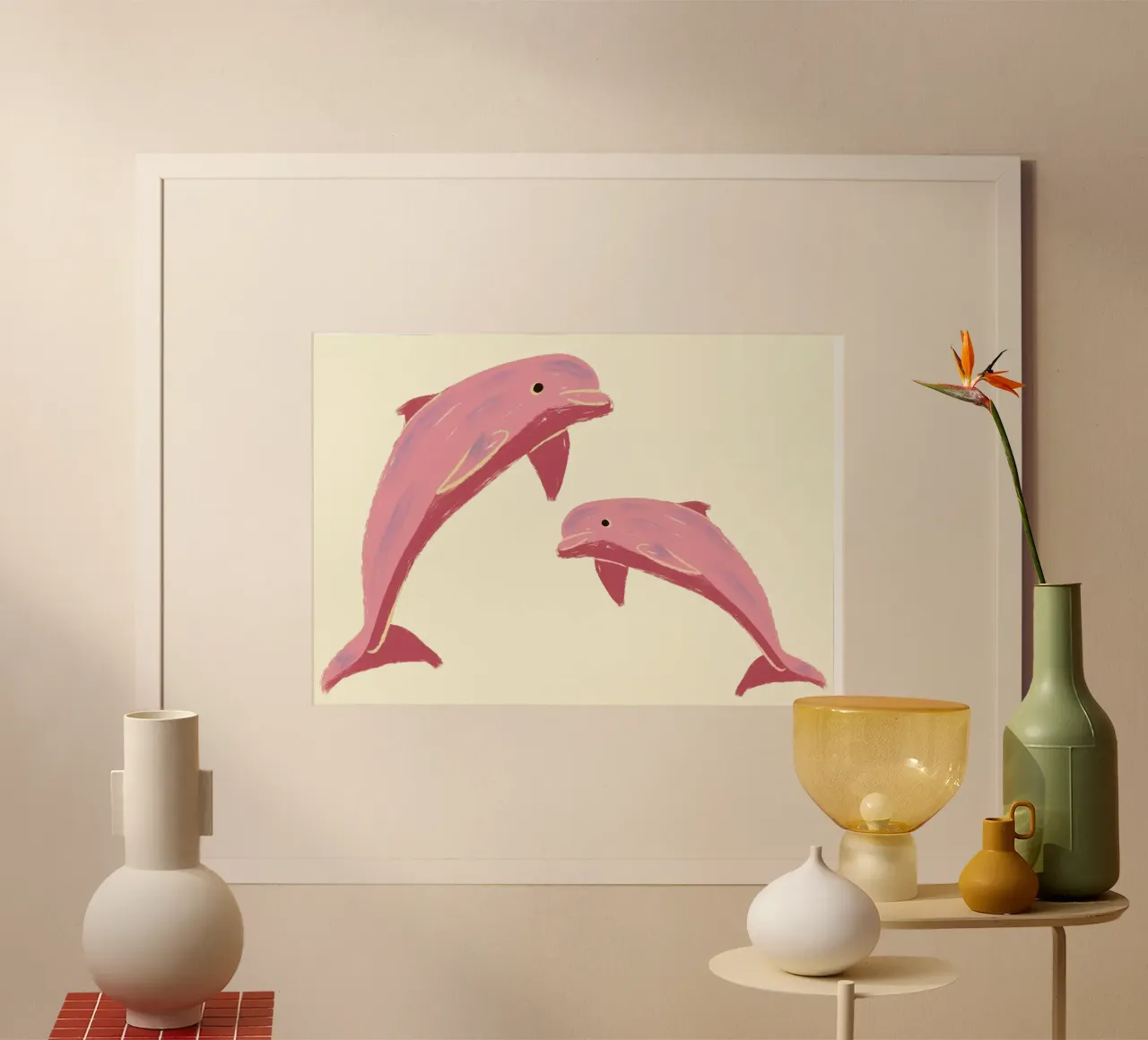 Zwei rosa Delphine, Ozean Tier Kunstdruck Poster von vintagepod