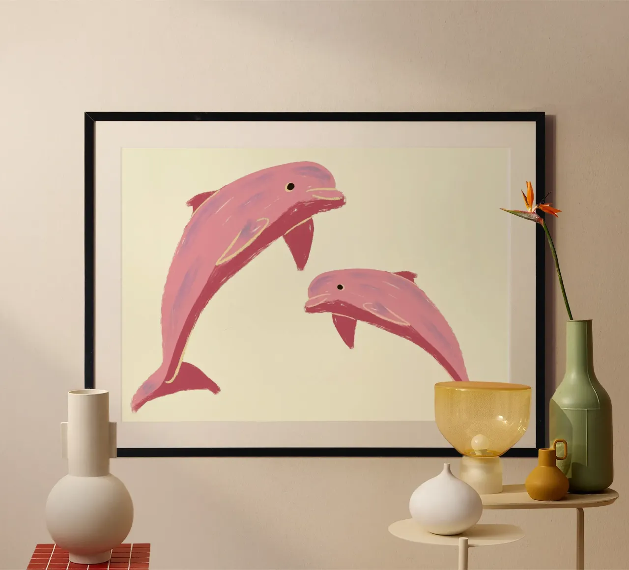 Zwei rosa Delphine, Ozean Tier Kunstdruck Poster von vintagepod