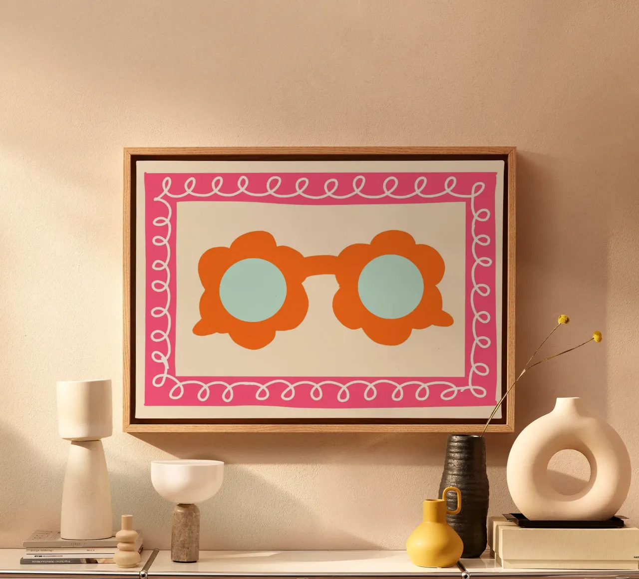 Groovy Flower Sunglasses, Retro Summer Art Print canvas with Floater frame by vintagepod
