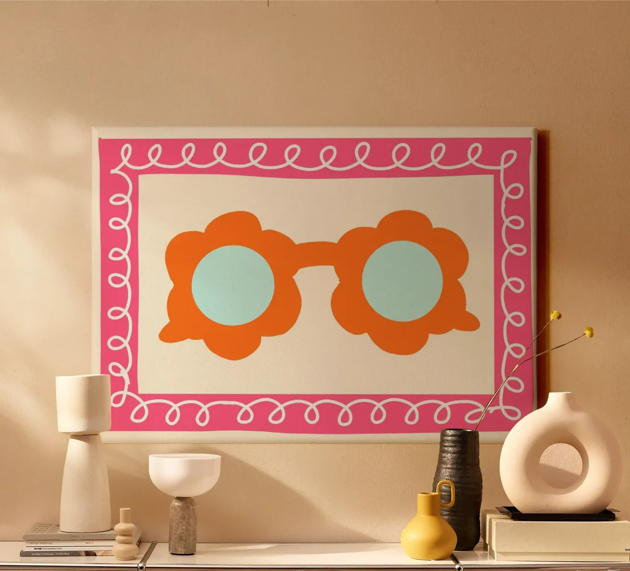 Groovy Flower Sunglasses, Retro Summer Art Print canvas with Floater frame by vintagepod
