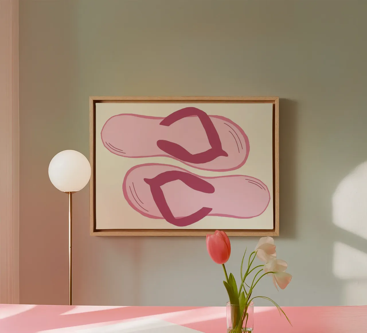Pink Flip Flops, Beach and Summer Art Print canvas with Floater frame by vintagepod