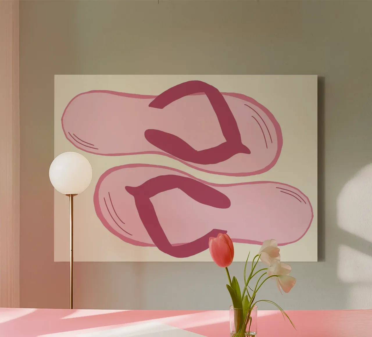 Pink Flip Flops, Beach and Summer Art Print canvas with Floater frame by vintagepod