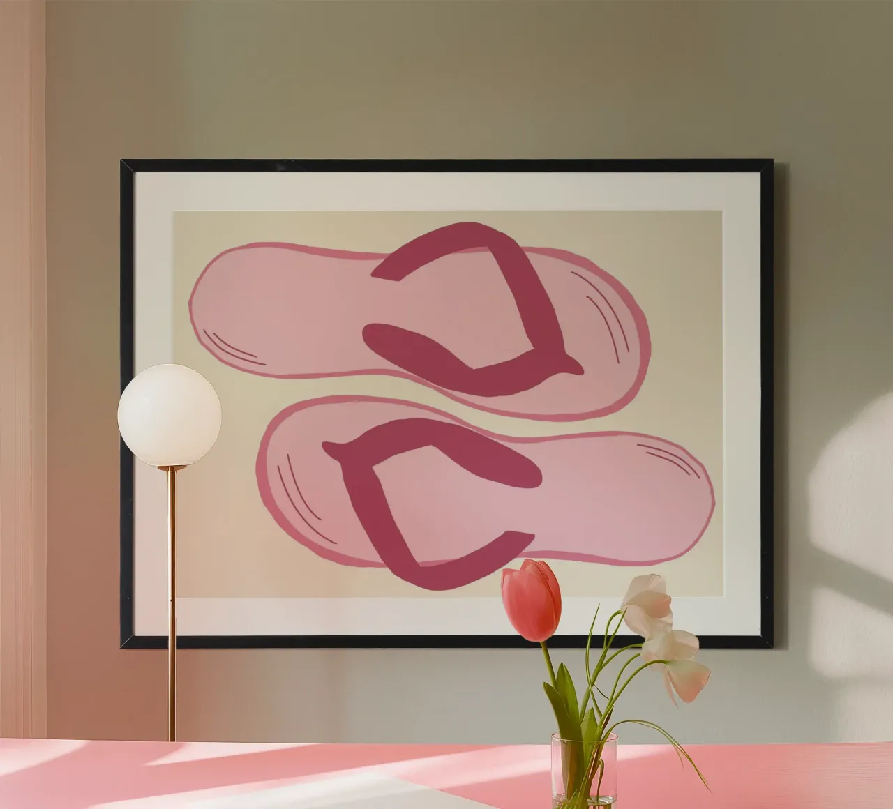 Pink Flip Flops, Beach and Summer Art Print poster with wooden frame by vintagepod