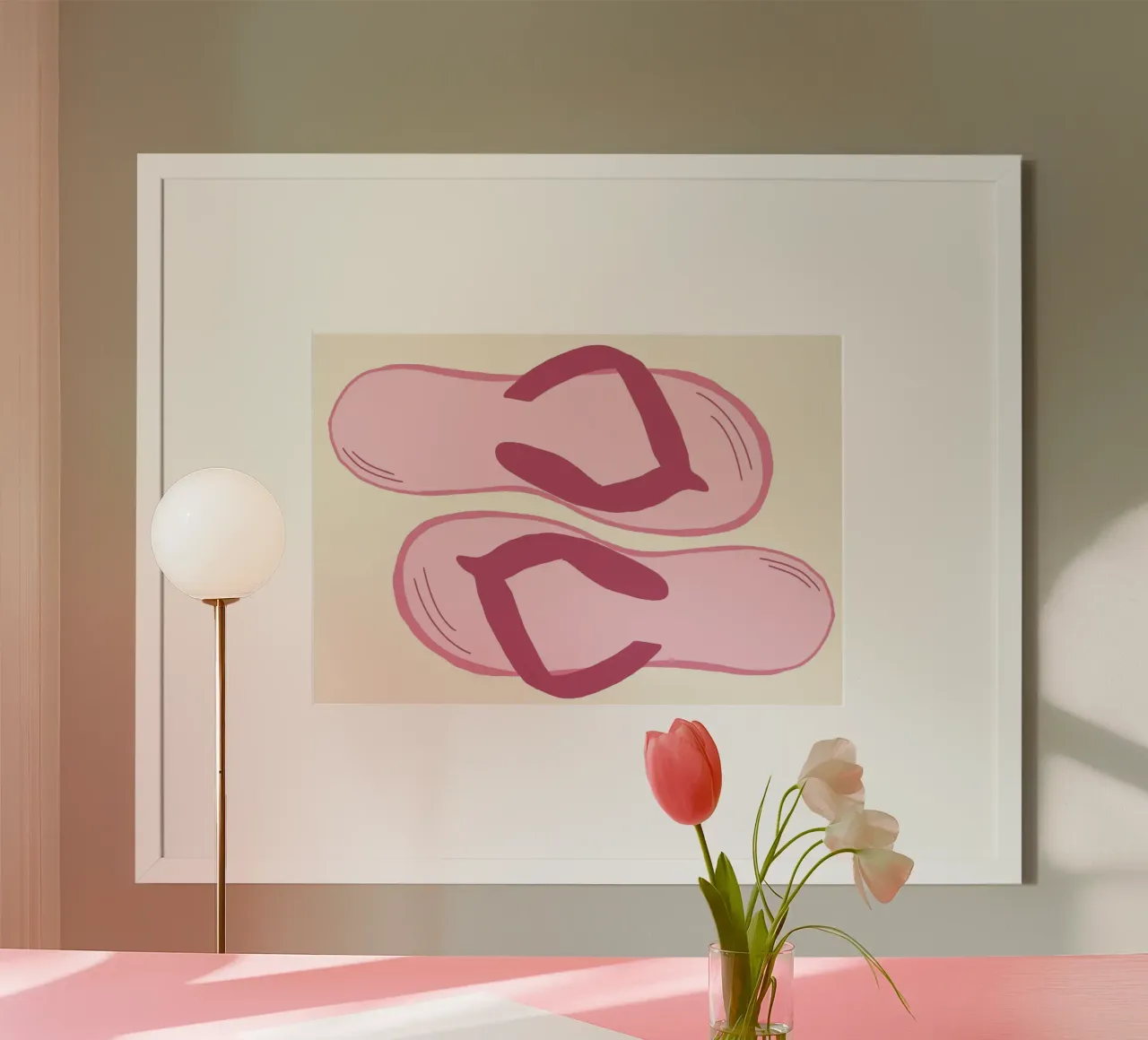 Pink Flip Flops, Beach and Summer Art Print poster with wooden frame by vintagepod