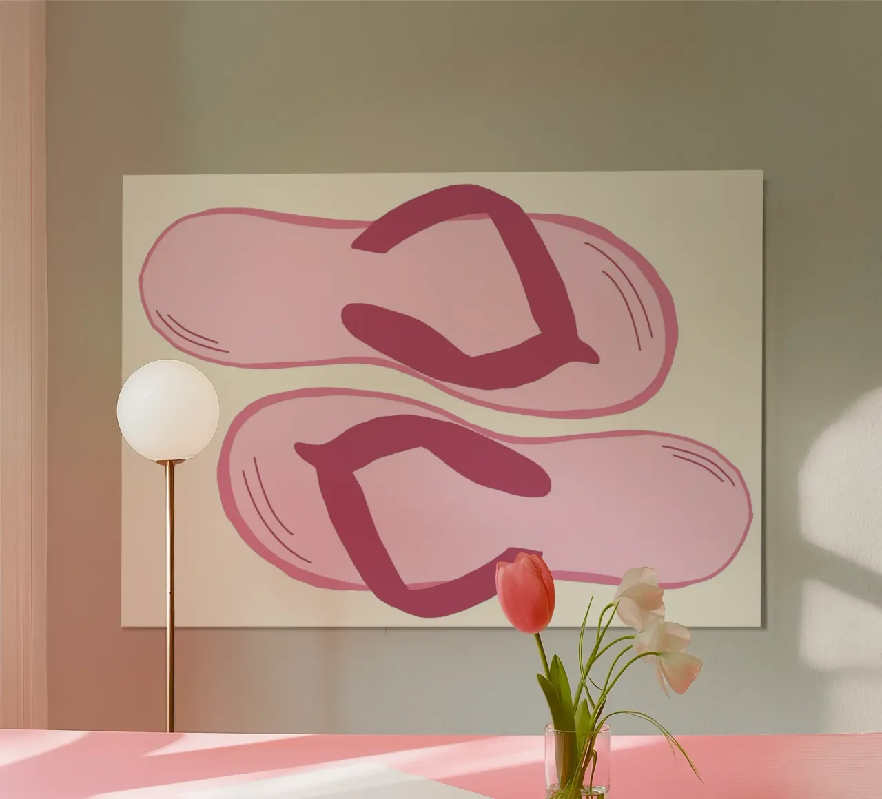 Pink Flip Flops, Beach and Summer Art Print poster with wooden frame by vintagepod