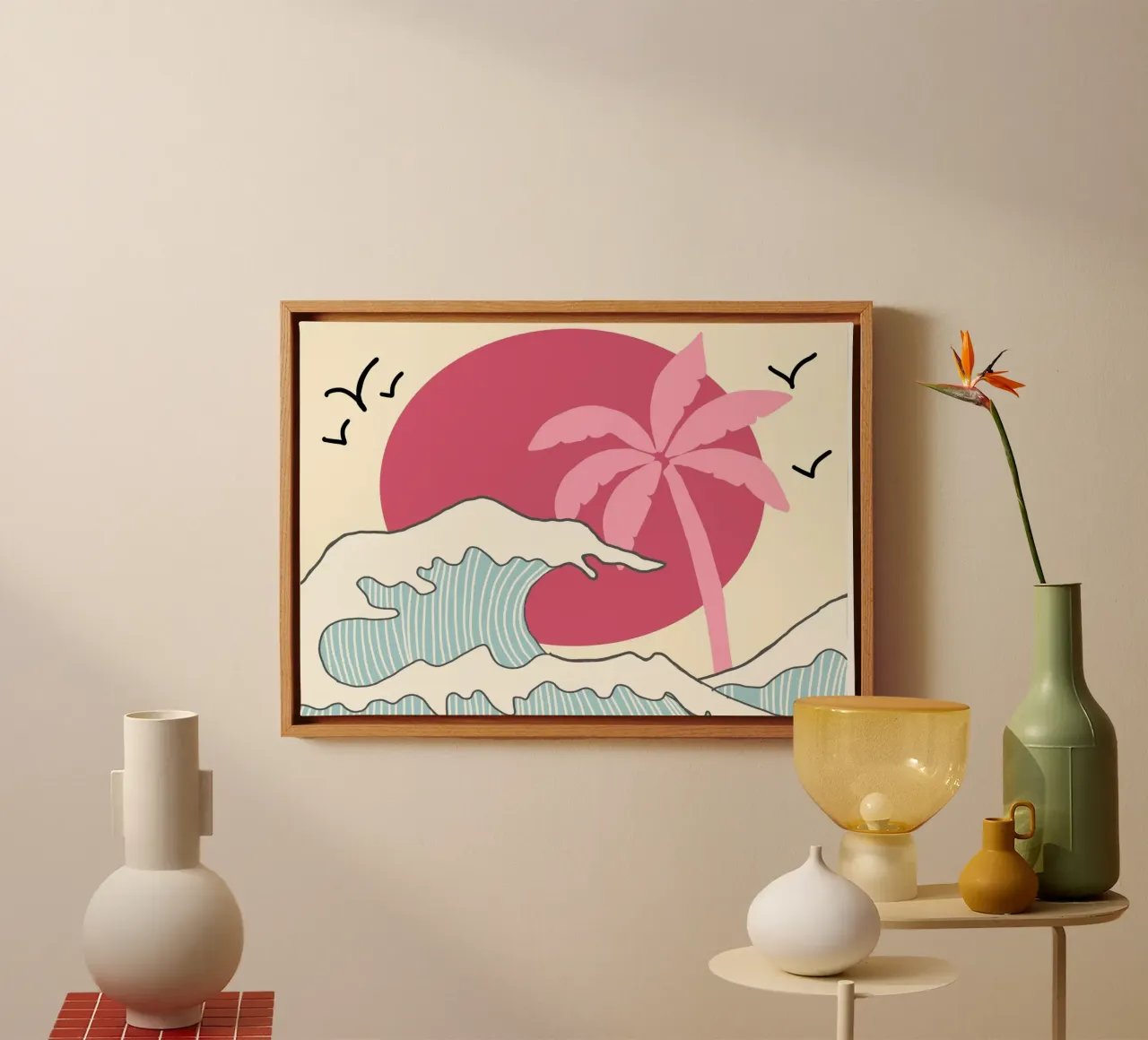 Retro Sunset Palm Tree, Ocean Waves Art Print canvas with Floater frame by vintagepod