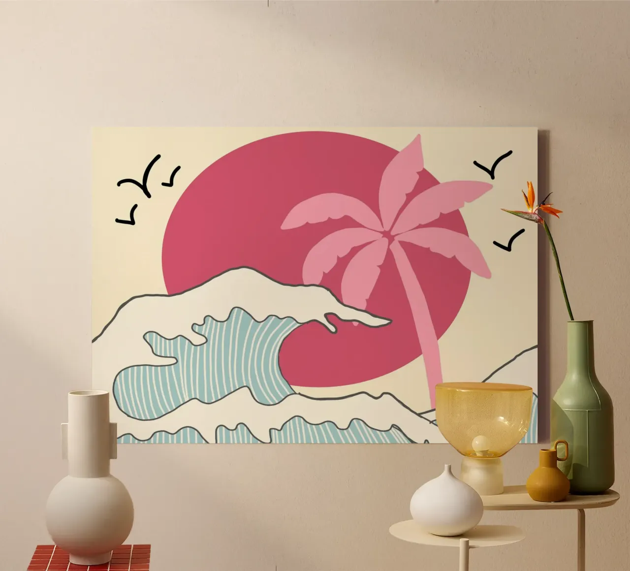 Retro Sunset Palm Tree, Ocean Waves Art Print canvas with Floater frame by vintagepod
