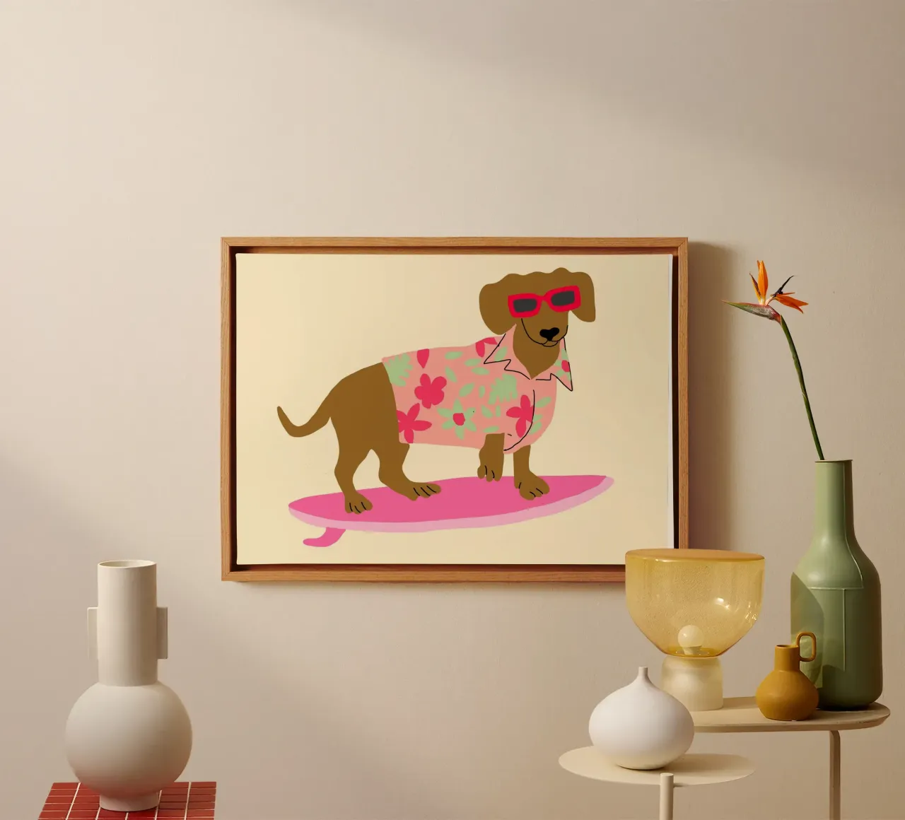 Surfing Dachshund, Funny Dog Art Print canvas with Floater frame by vintagepod