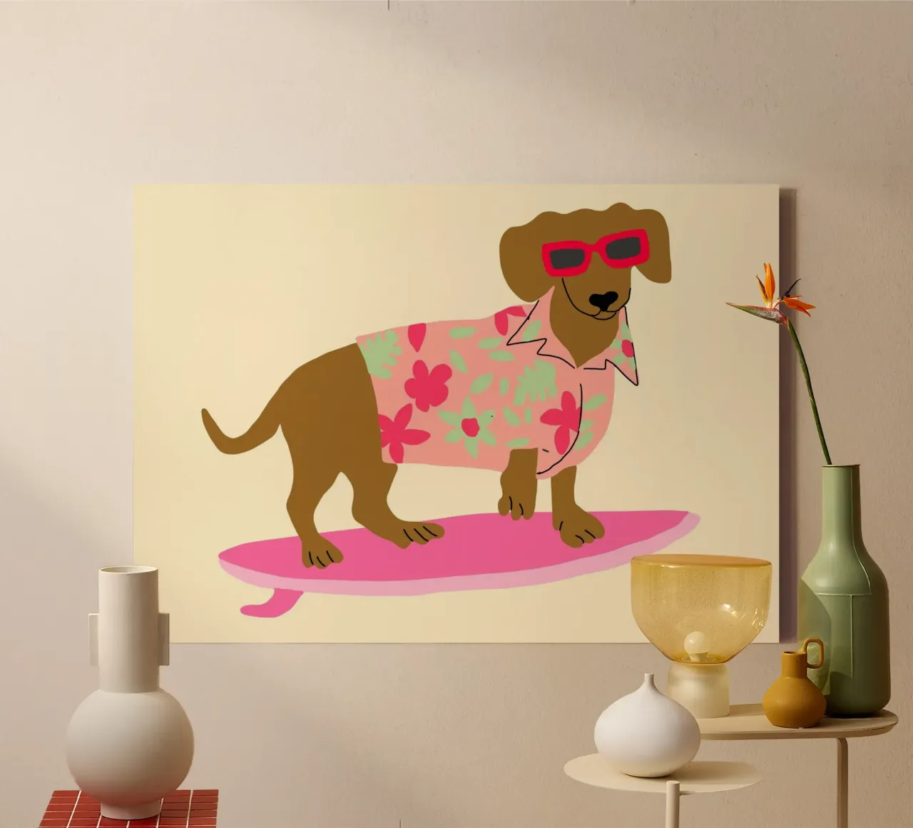 Surfing Dachshund, Funny Dog Art Print canvas with Floater frame by vintagepod