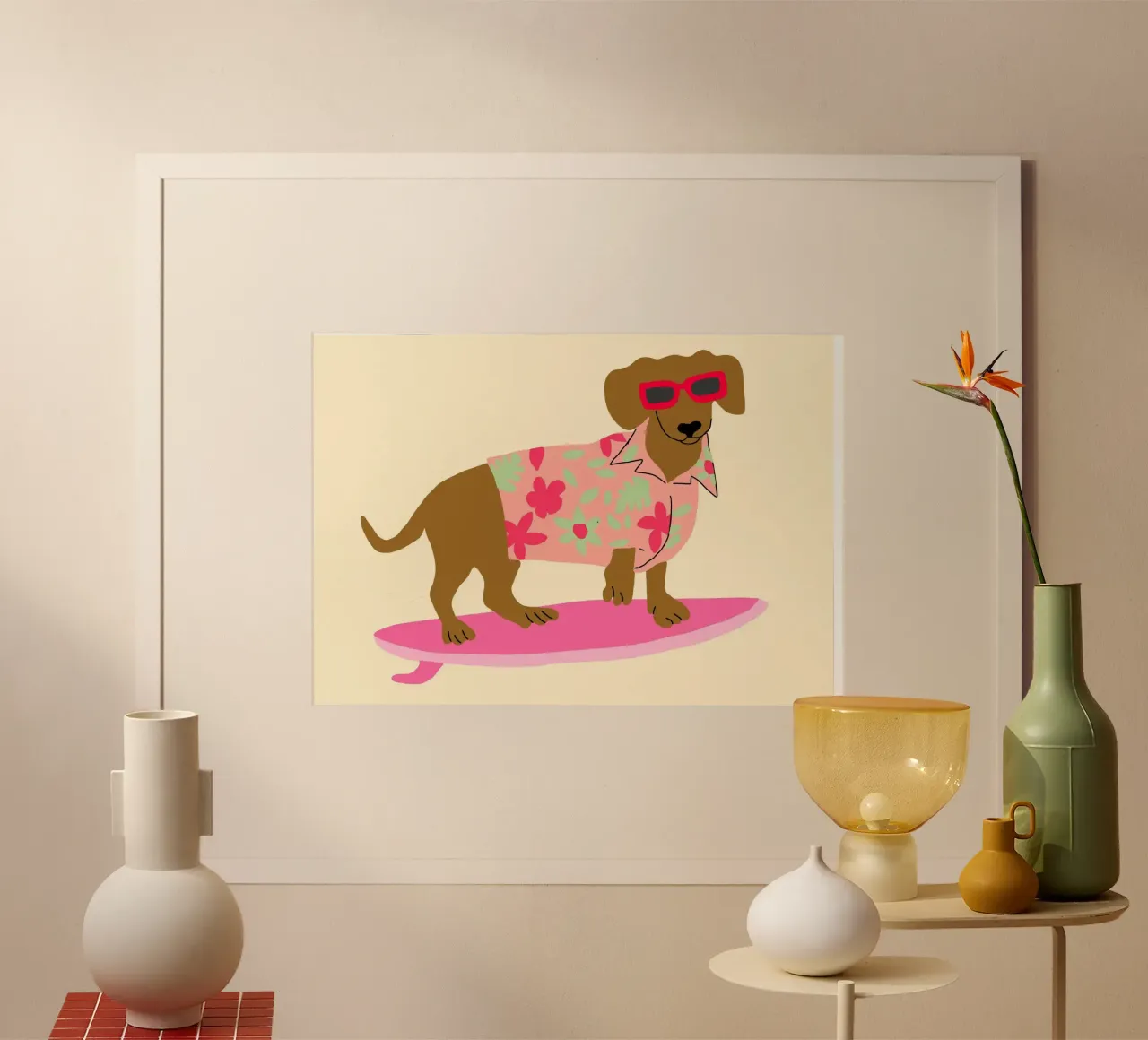 Surfing Dachshund, Funny Dog Art Print poster de vintagepod