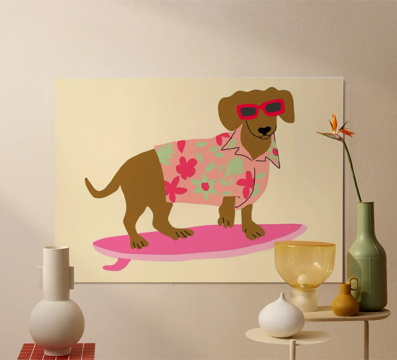 Surfing Dachshund, Funny Dog Art Print poster de vintagepod
