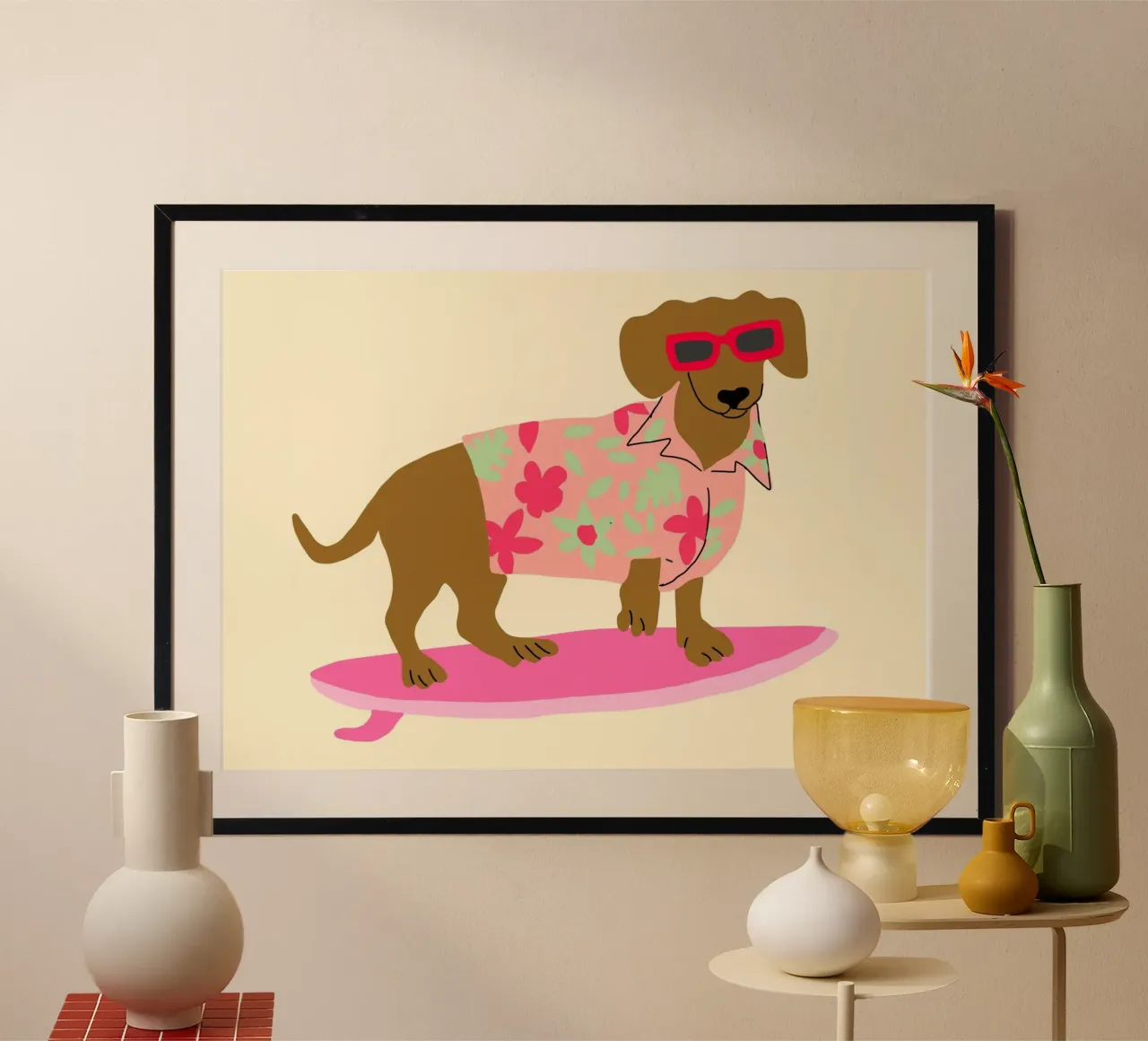 Surfing Dachshund, Funny Dog Art Print poster de vintagepod