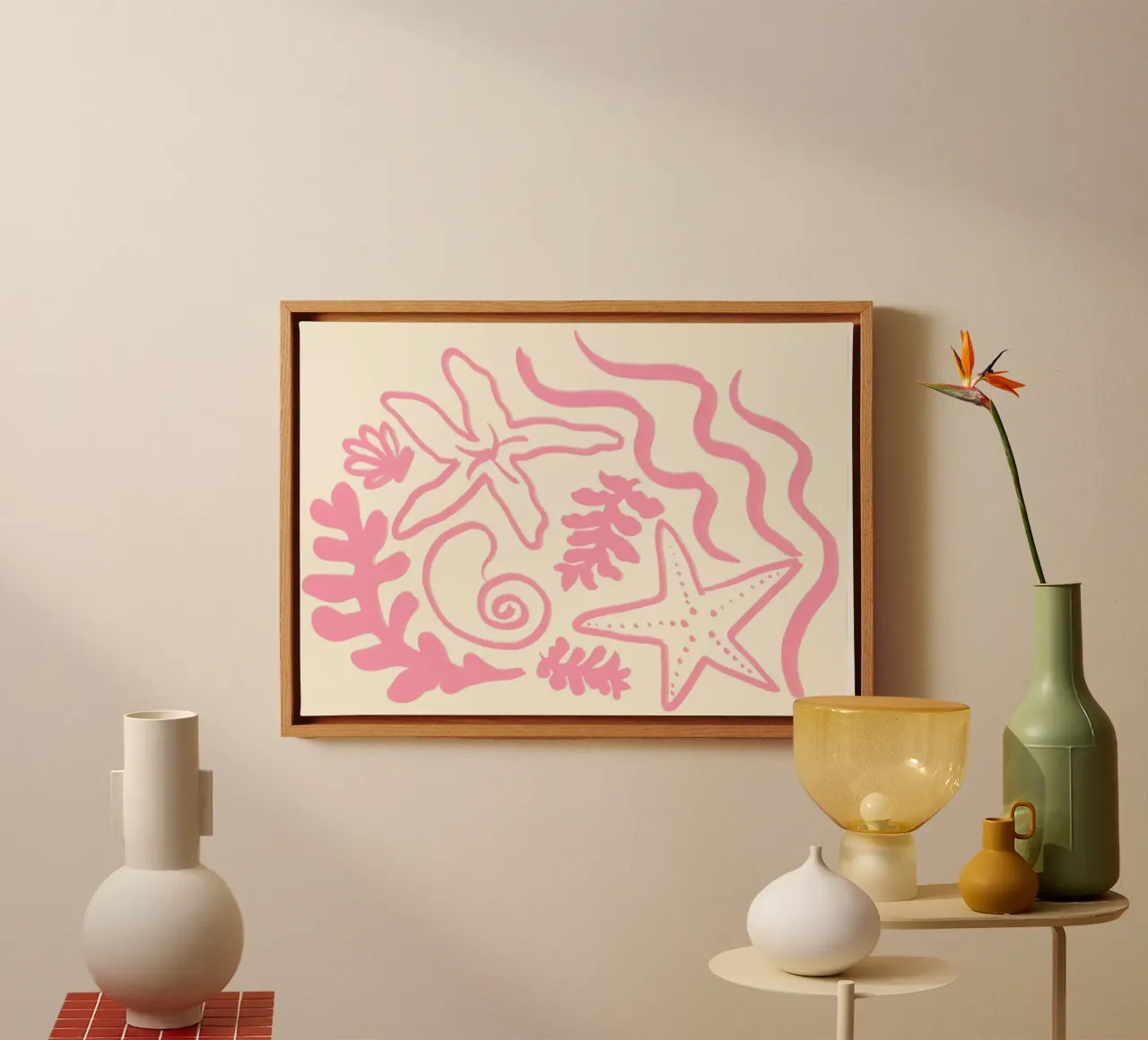 Abstract Zeeleven, Koraal Zeester Kunstdruk canvas met Baklijst van vintagepod