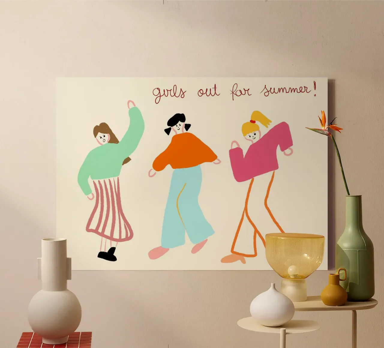 Meisjes op stap voor de zomer, vriendschapskunst, leuke print canvas met Baklijst van vintagepod