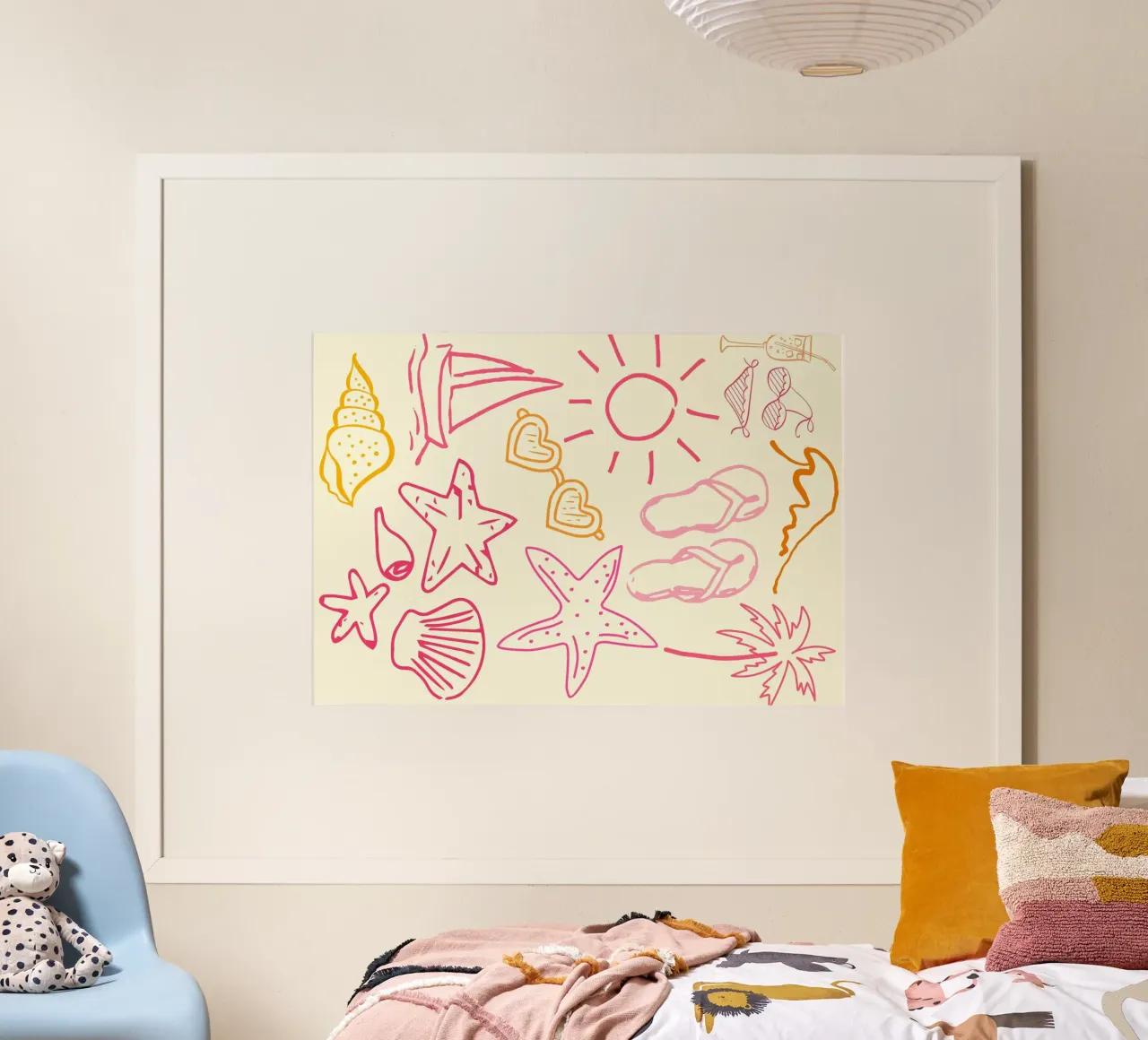 Doodle art estivi, illustrazione di vita da spiaggia poster con telaio in plastica da vintagepod