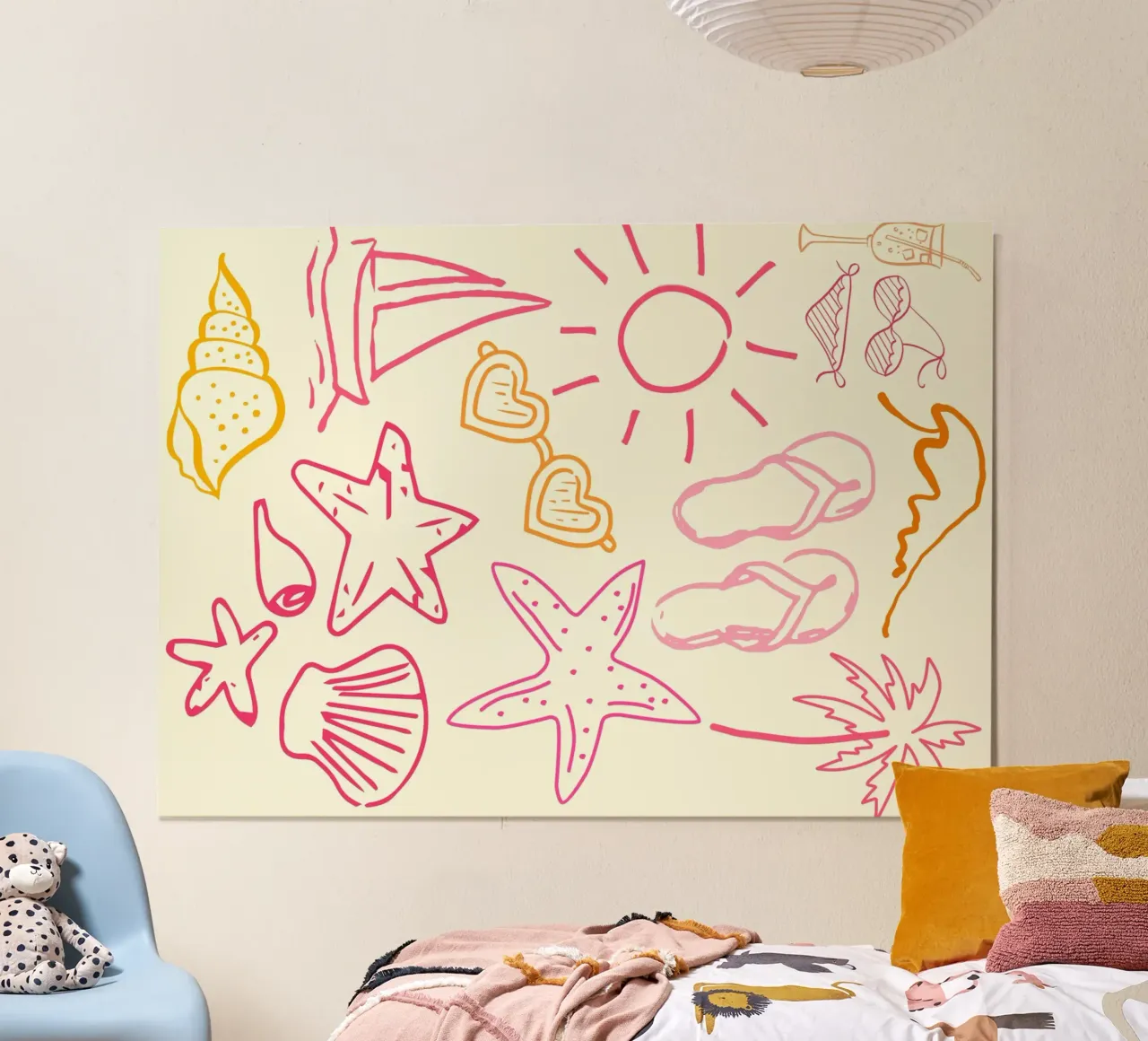 Doodle art estivi, illustrazione di vita da spiaggia poster con telaio in plastica da vintagepod