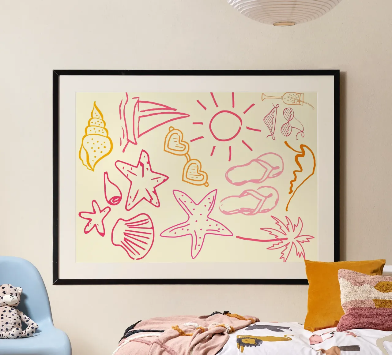 Doodle art estivi, illustrazione di vita da spiaggia poster con telaio in plastica da vintagepod
