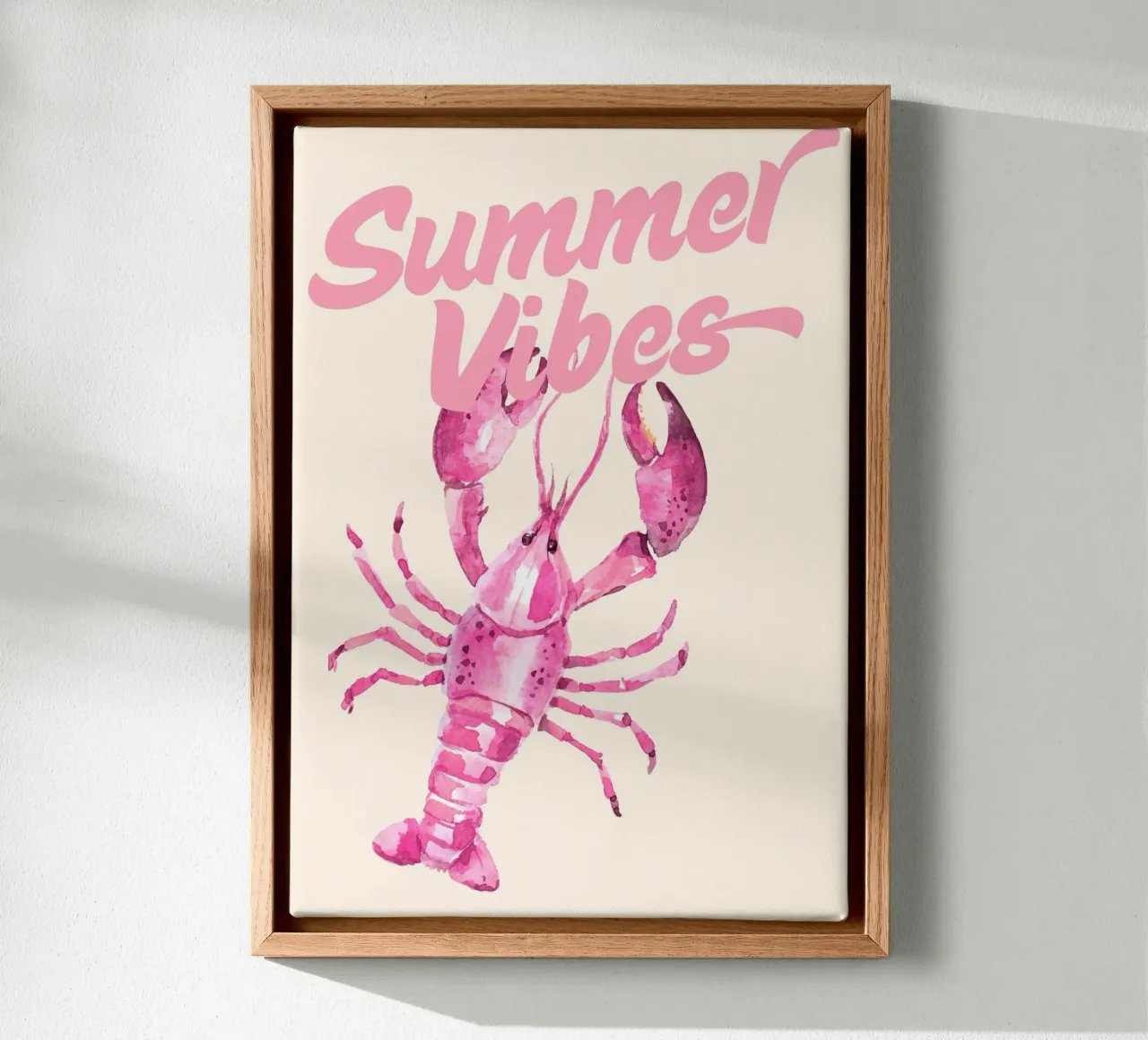 Roze Kreeft "Summer Vibes", aquarel kunstdruk canvas met Baklijst van vintagepod
