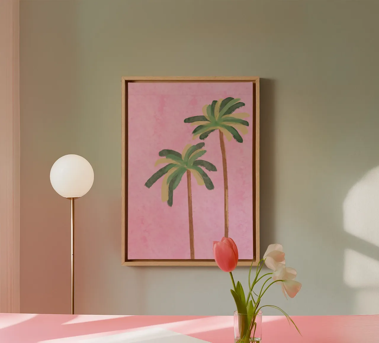 Two Palm Trees, Minimalist Tropical Art Print canvas with Floater frame by vintagepod