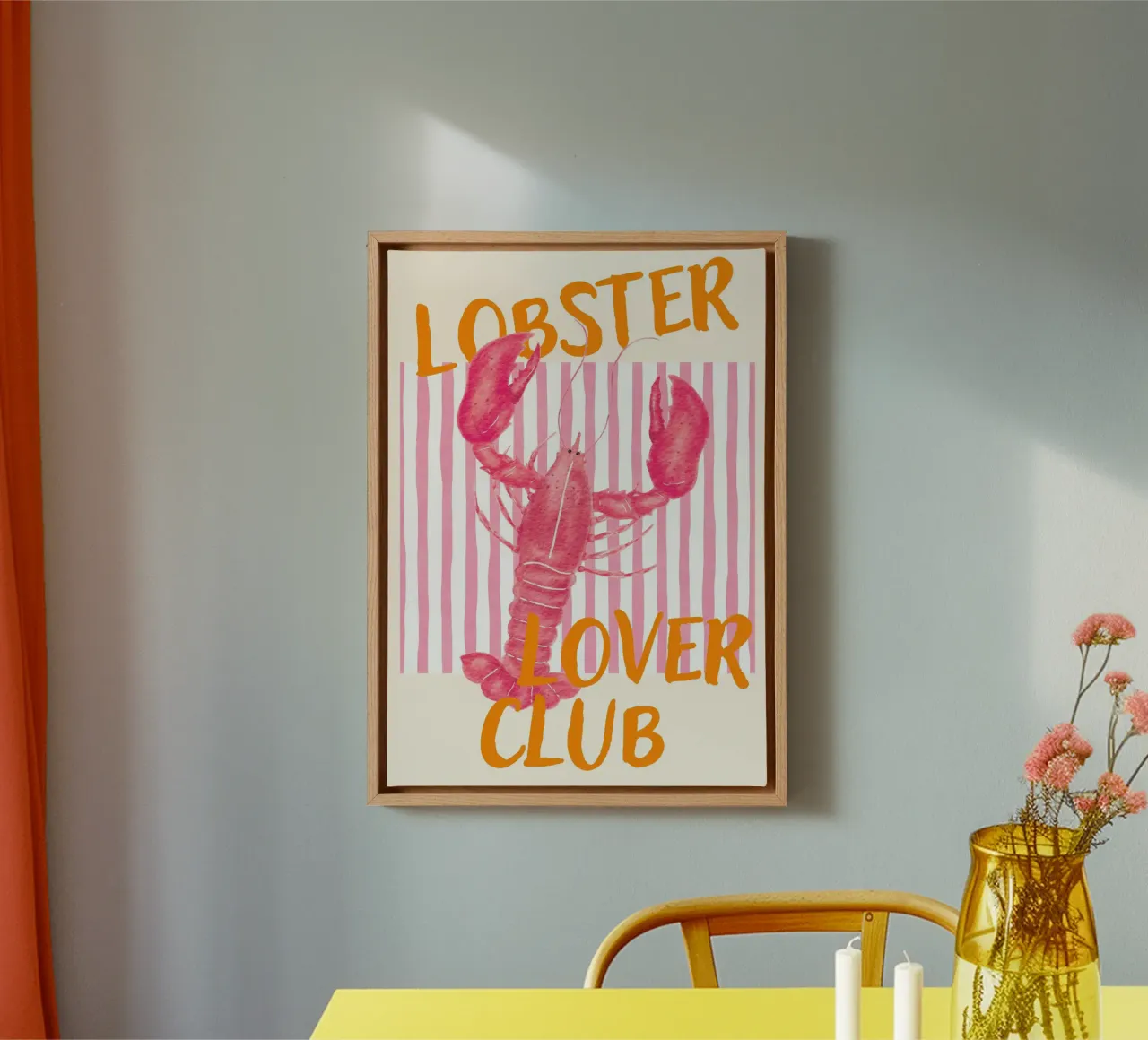 Lobster Lover Club, Retro kustkunstdruk canvas met Baklijst van vintagepod
