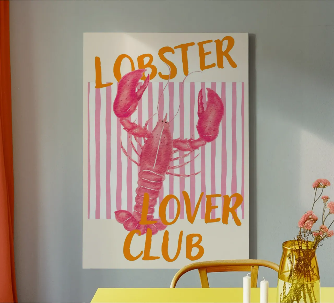 Lobster Lover Club, Retro kustkunstdruk canvas met Baklijst van vintagepod