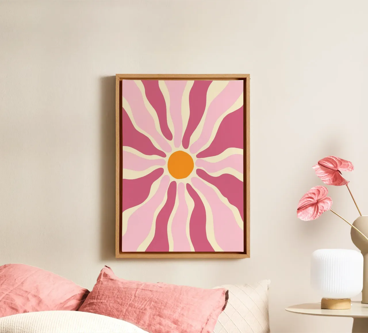 Retro Floral Sun, Groovy Abstract Art Print canvas with Floater frame by vintagepod