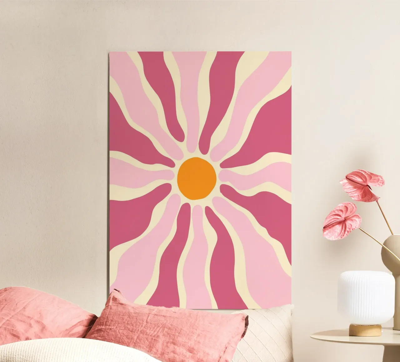 Retro Bloemen Zon, Groovy Abstracte Kunstdruk poster van vintagepod