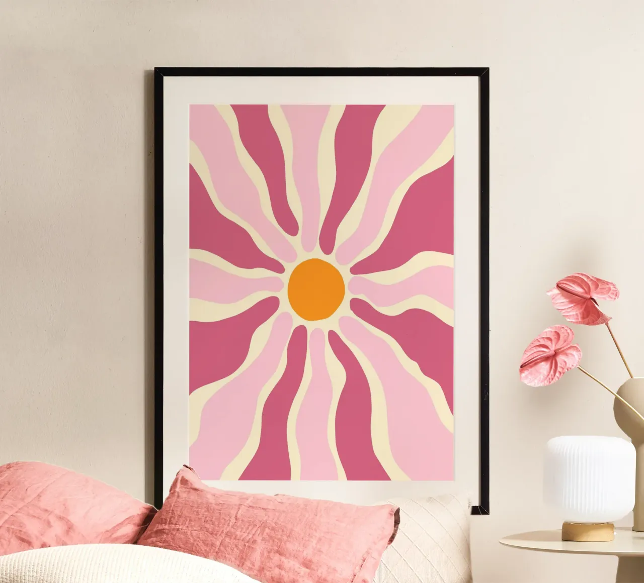 Retro Bloemen Zon, Groovy Abstracte Kunstdruk poster van vintagepod
