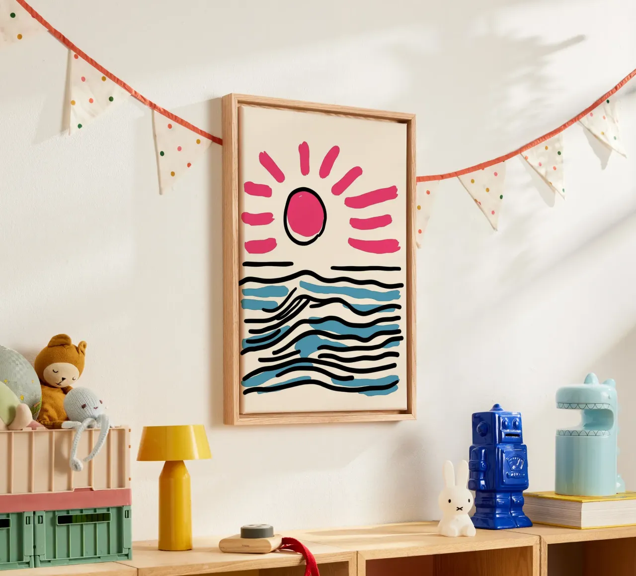Alba astratta sull'oceano, arte minimalista sulla spiaggia tela con Cornice a cassetta da vintagepod