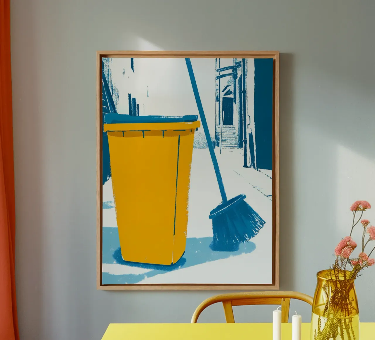 Trash Can and Broom canvas with Floater frame by PREKETEWE