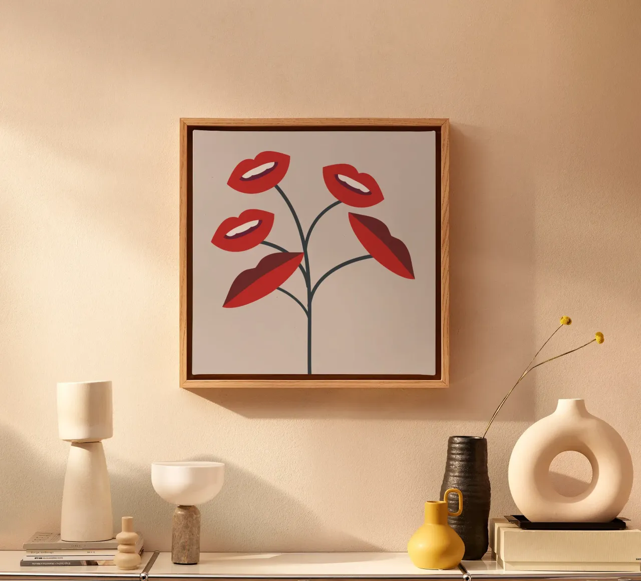 Bloemen lippen 3 canvas met Baklijst van Little Dean