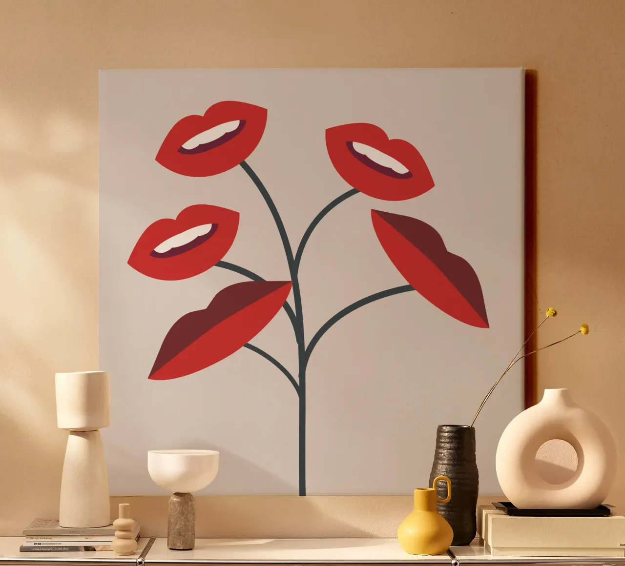 Bloemen lippen 3 canvas met Baklijst van Little Dean