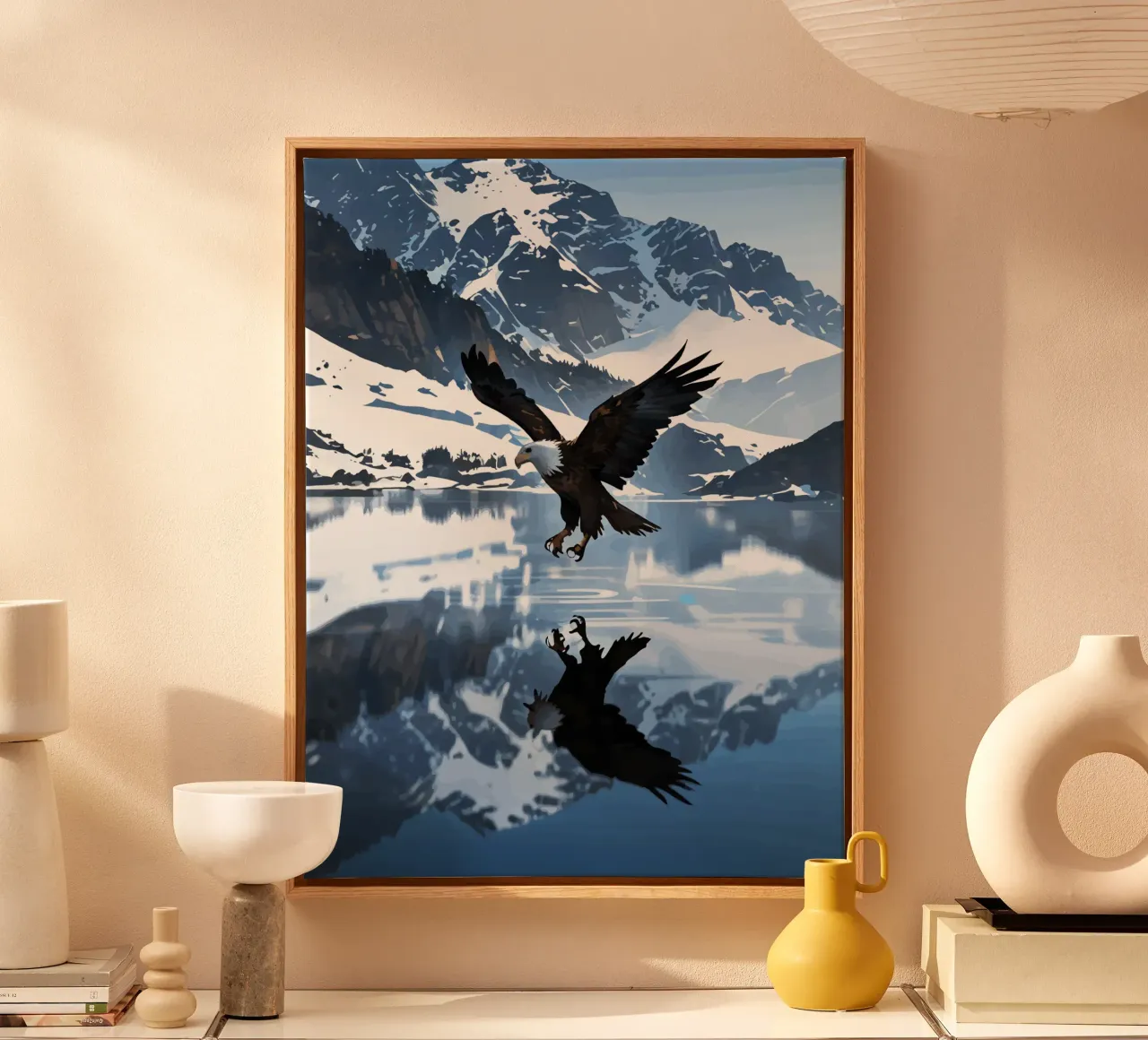 Eagle over mountain lake reflection art canvas with Floater frame by artdesign1985