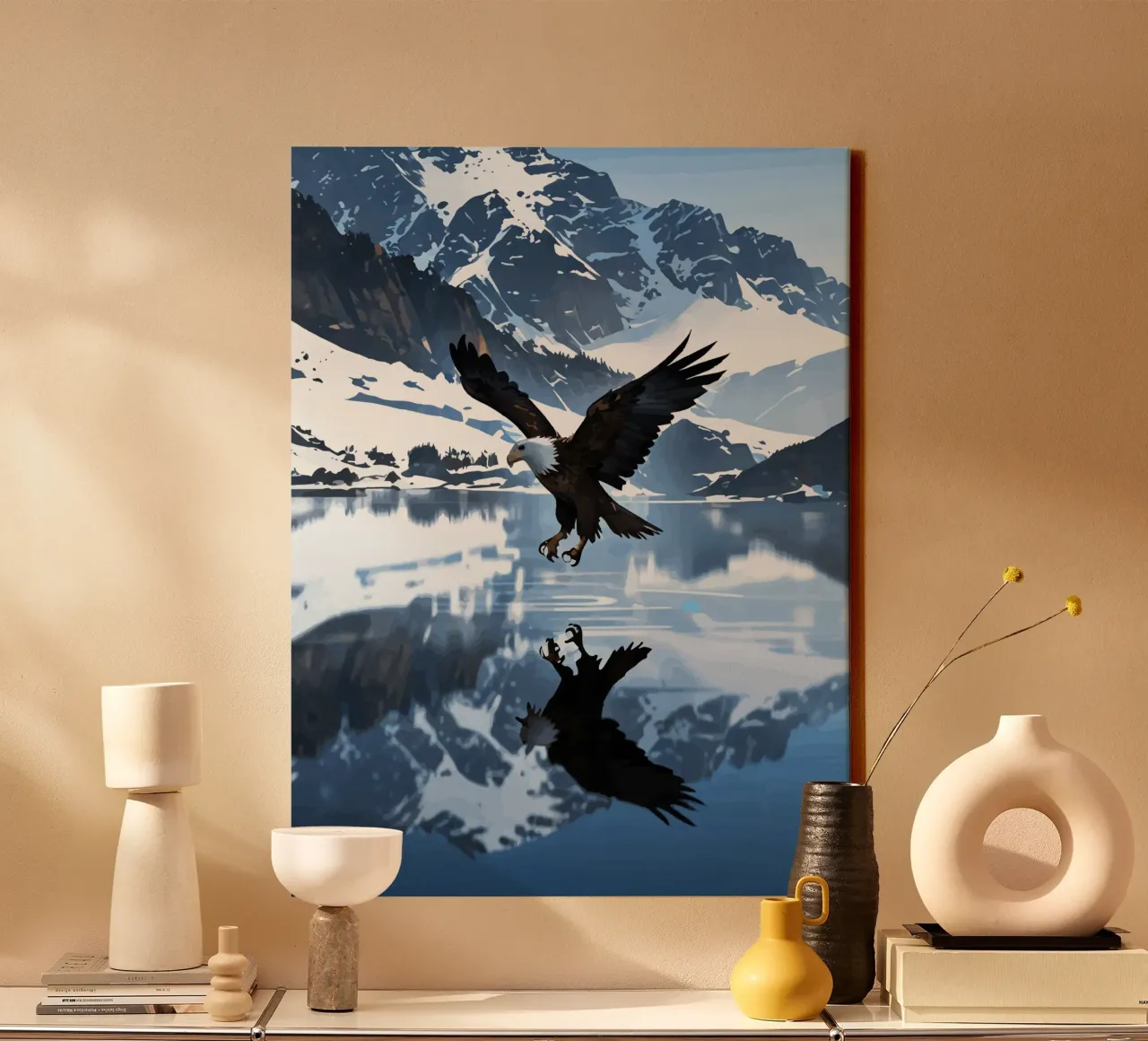 Eagle over mountain lake reflection art canvas with Floater frame by artdesign1985