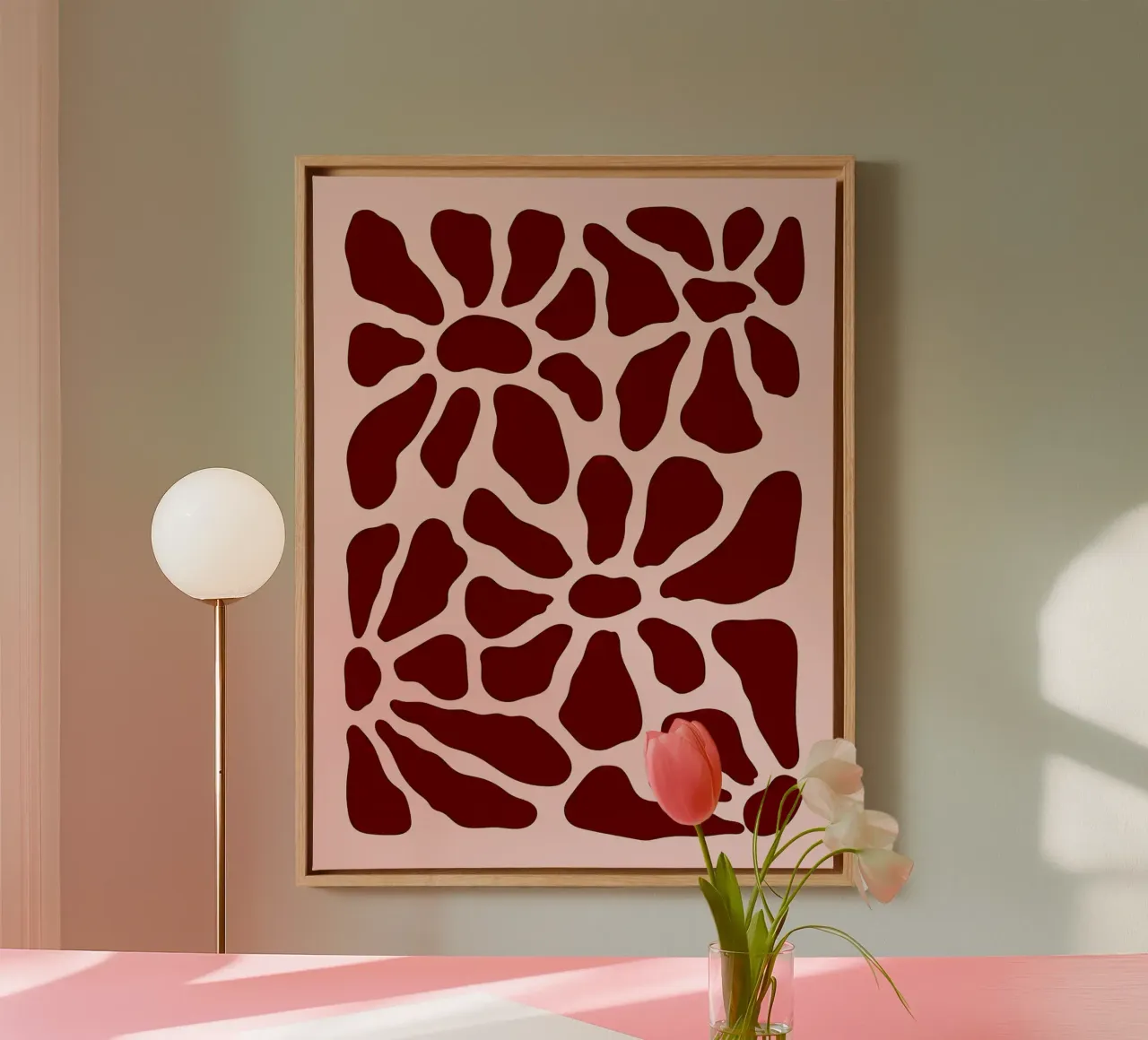 Abstract Floral Pattern in Terracotta canvas with Floater frame by Liam Johnson