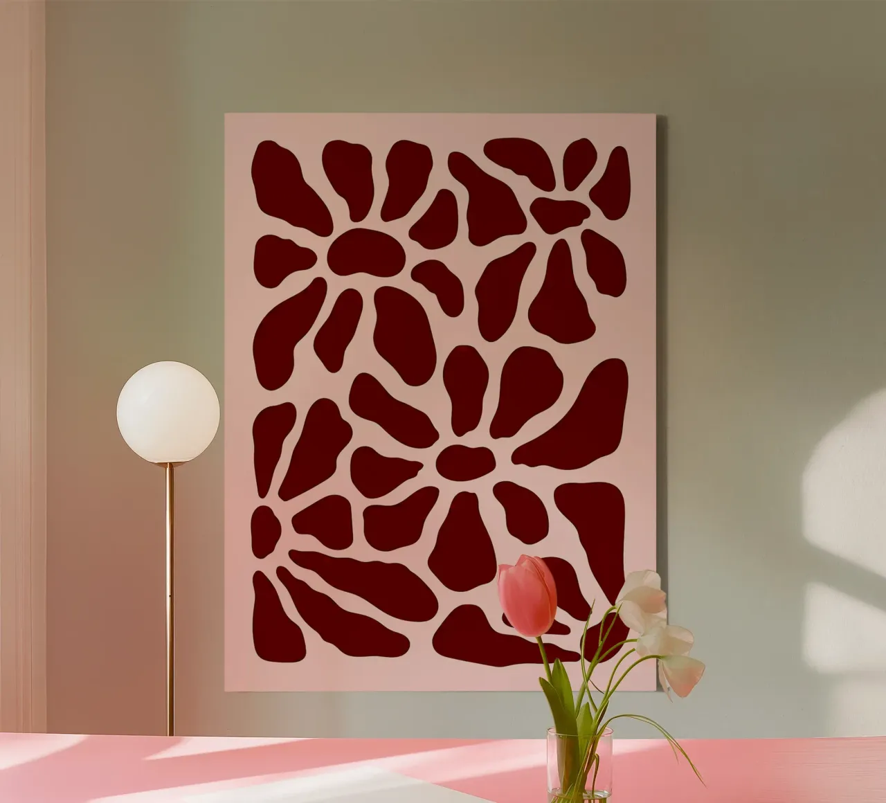 Abstract Floral Pattern in Terracotta canvas with Floater frame by Liam Johnson