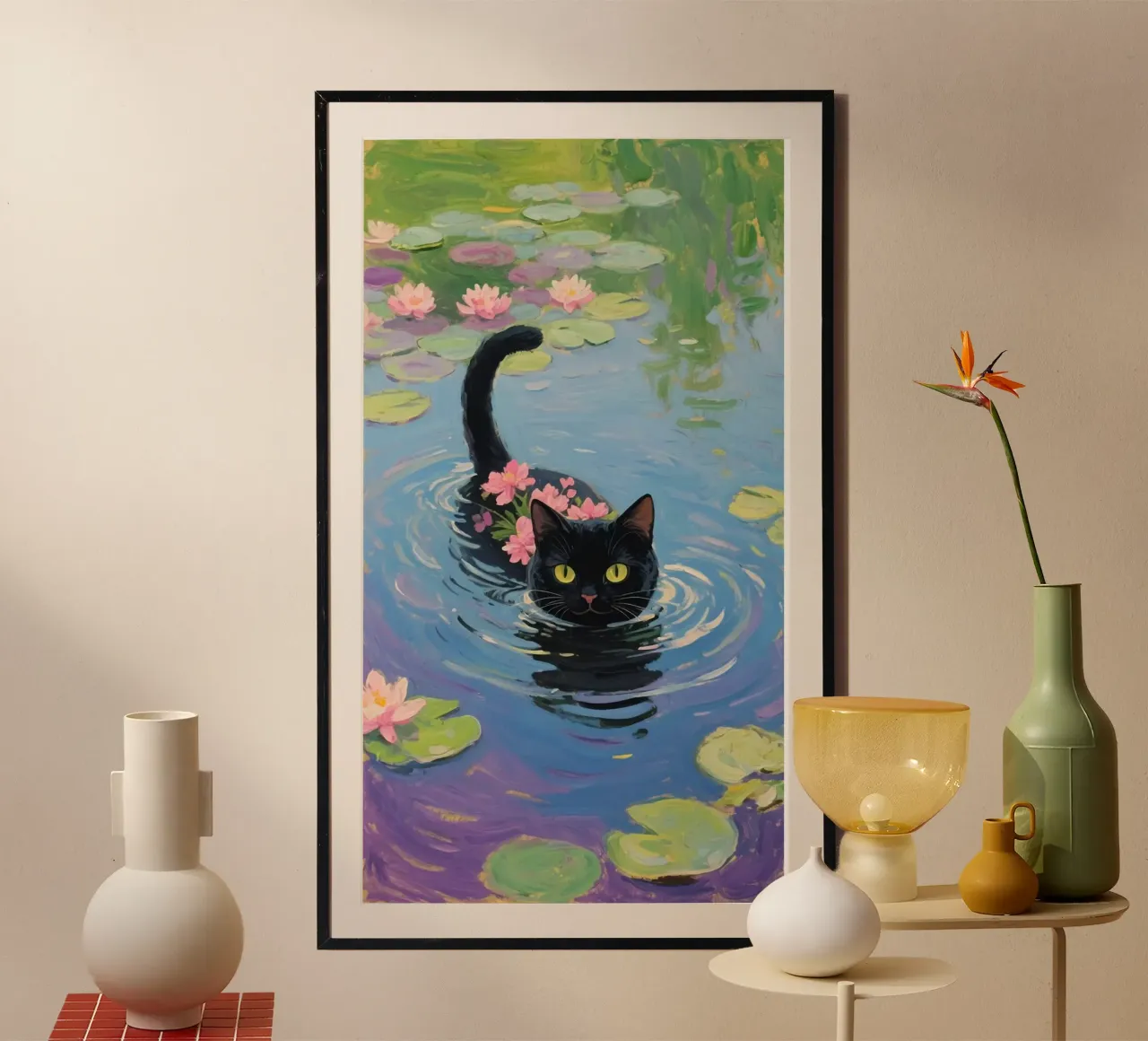 cat play in water poster con telaio in legno da Good days