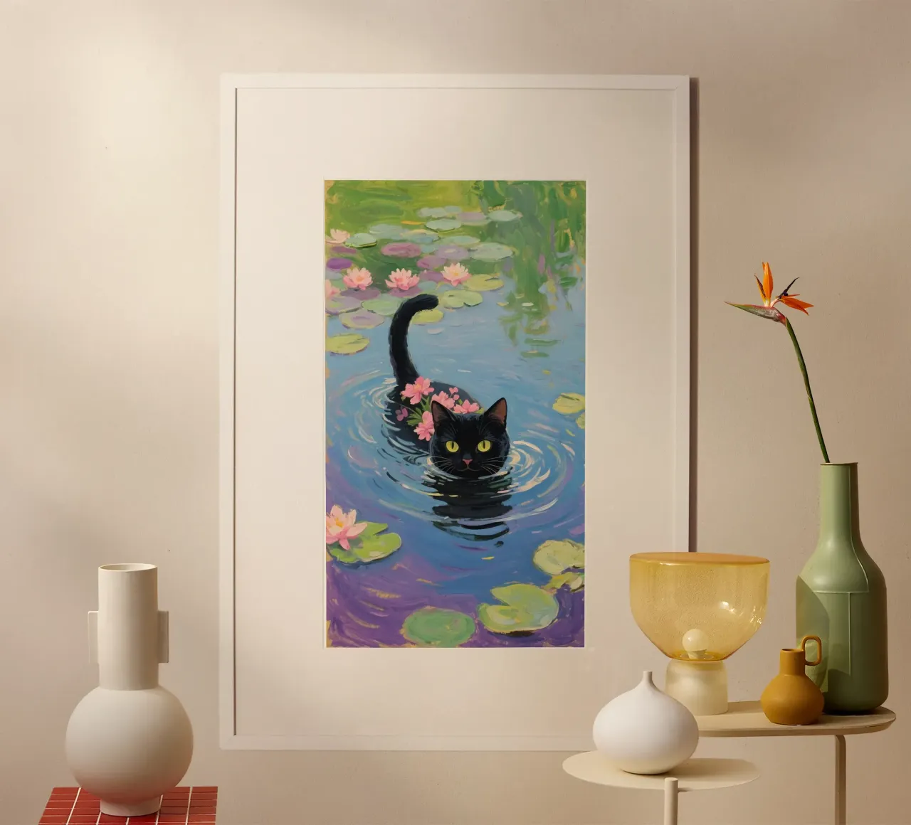 cat play in water poster con telaio in legno da Good days