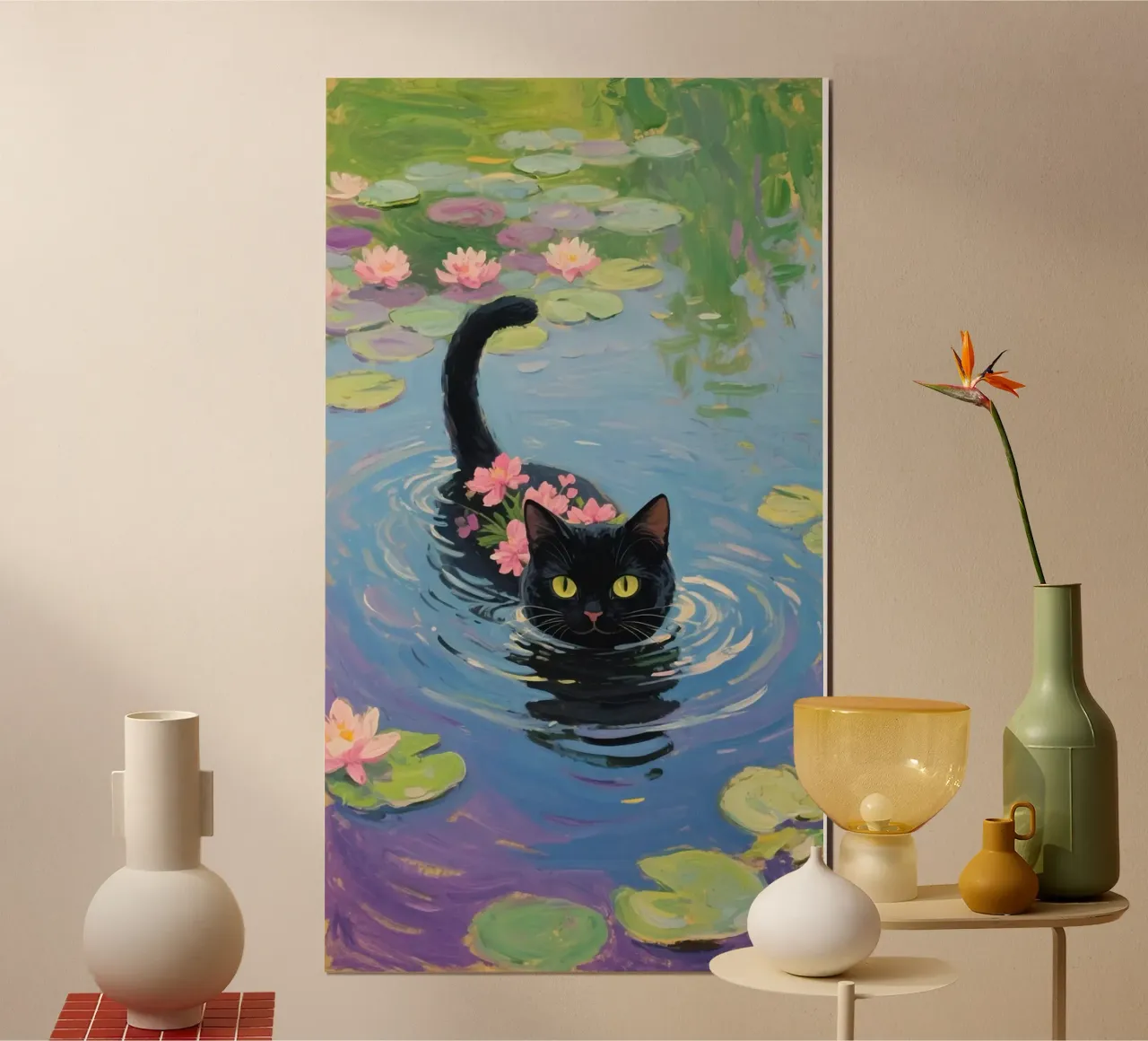cat play in water poster con telaio in legno da Good days