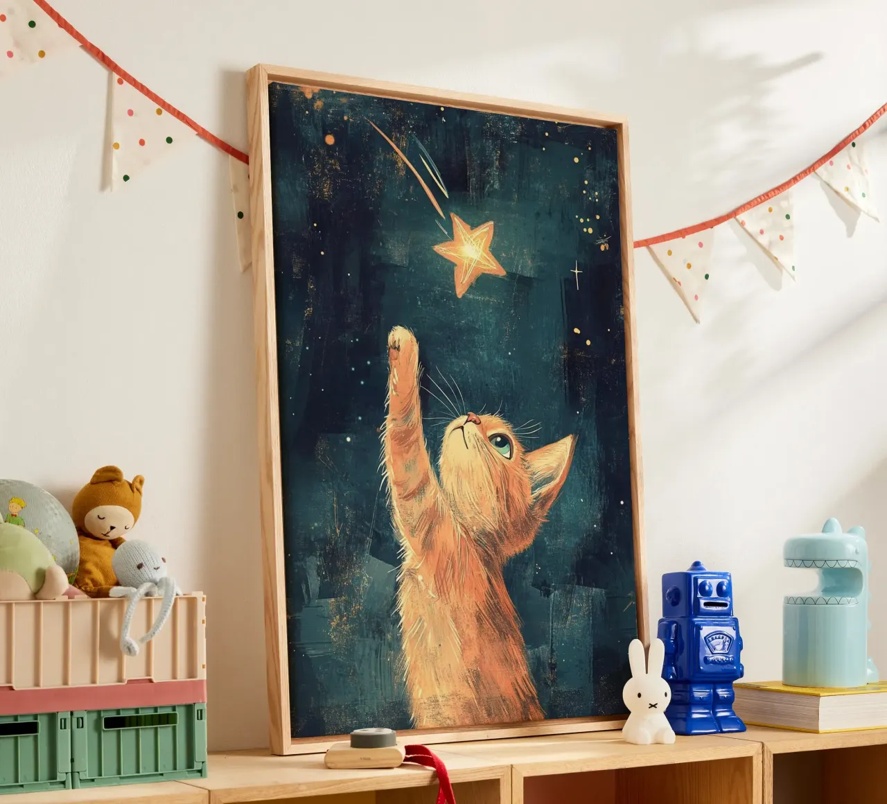cat play with stars tela con Cornice a cassetta da Good days