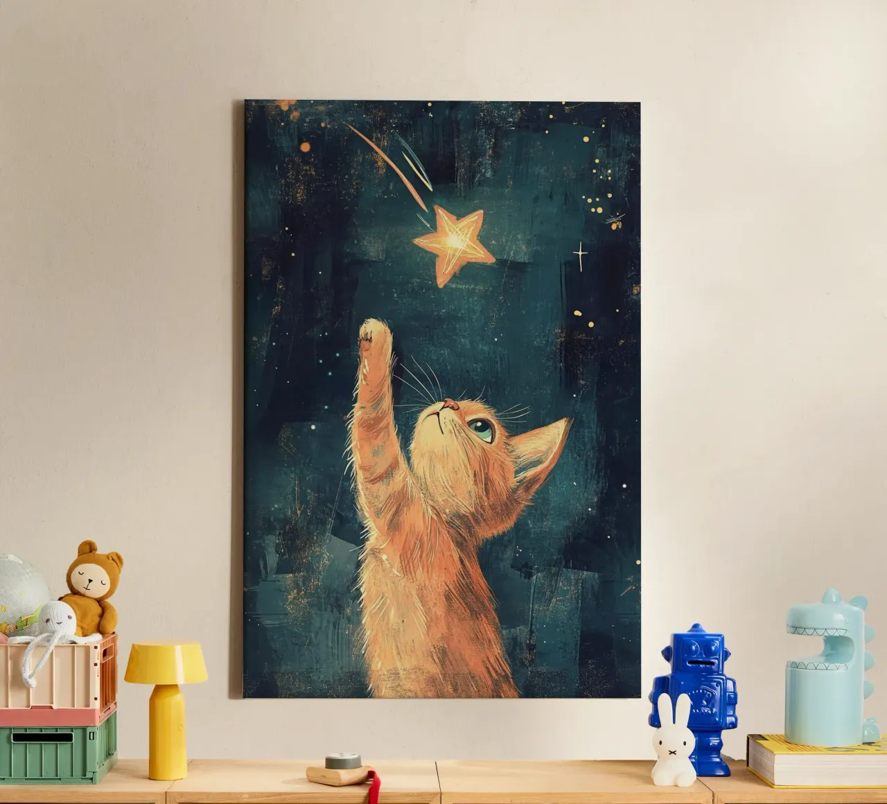 cat play with stars tela con Cornice a cassetta da Good days