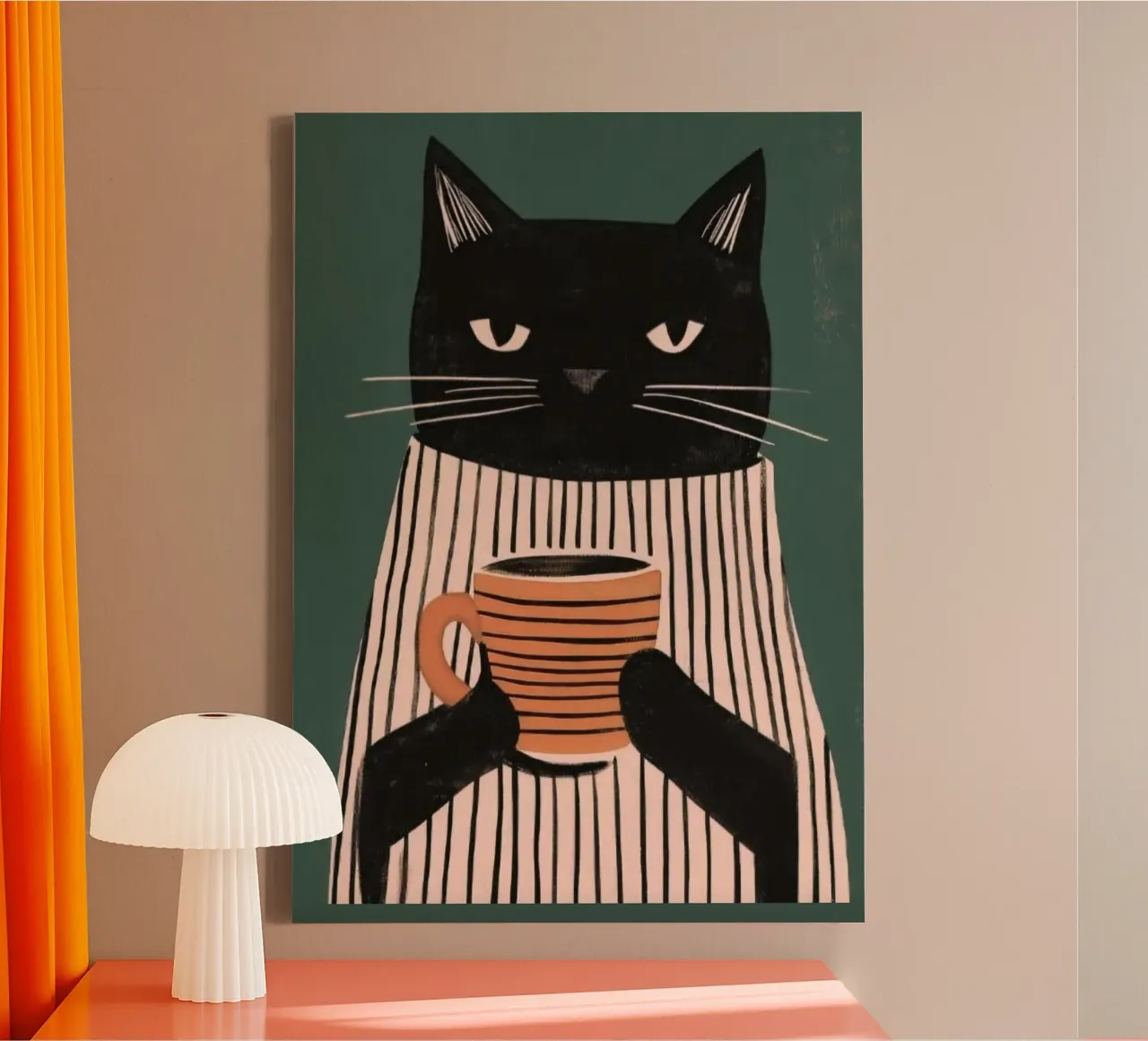 cat with coffee tela con Cornice a cassetta da lily