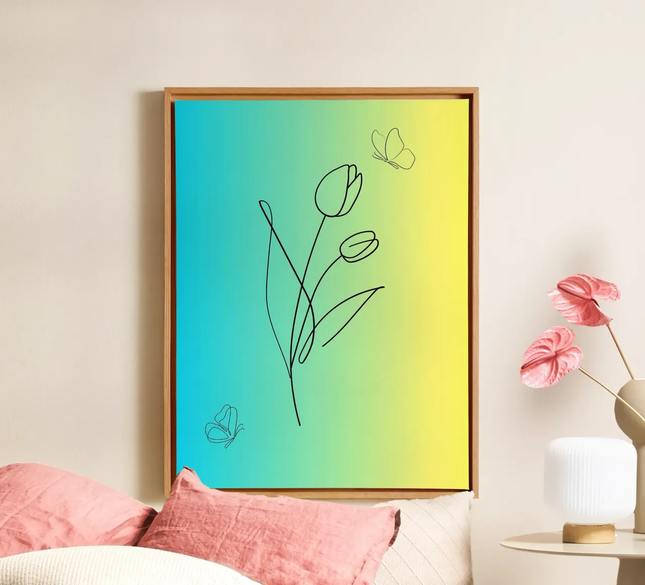 Minimalist Tulips and Butterflies Line Art canvas with Floater frame by Amelia Roy